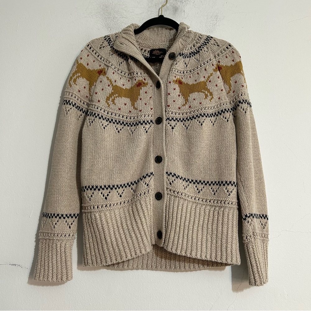 L.L. Bean Signature Cotton Fisherman Cardigan Sweater River Rock Dog Fair Isle
